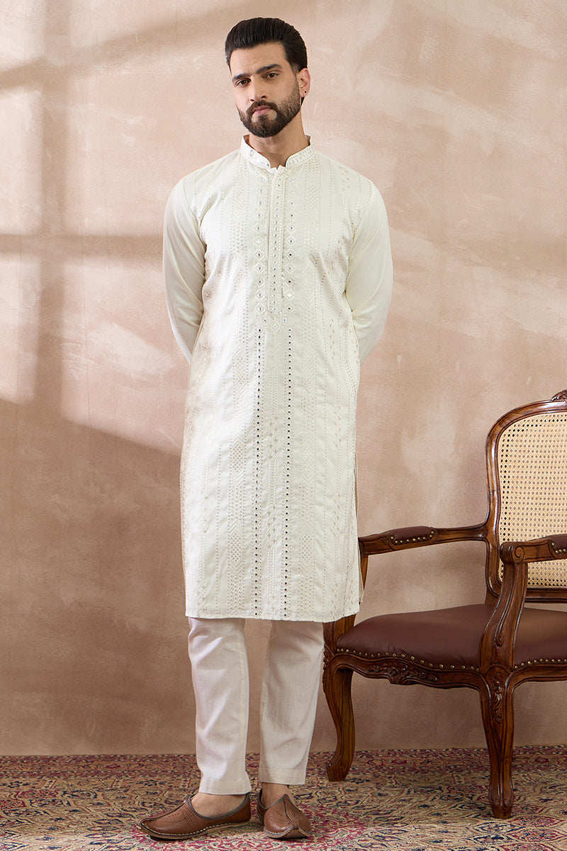 White Silk Blend Embroidered Mandarin Collar Straight Kurta With Trouser