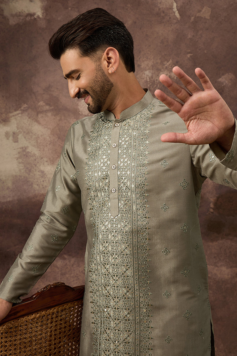 Mavue Silk Blend Solid Embroidered Straight Kurta with Trouser