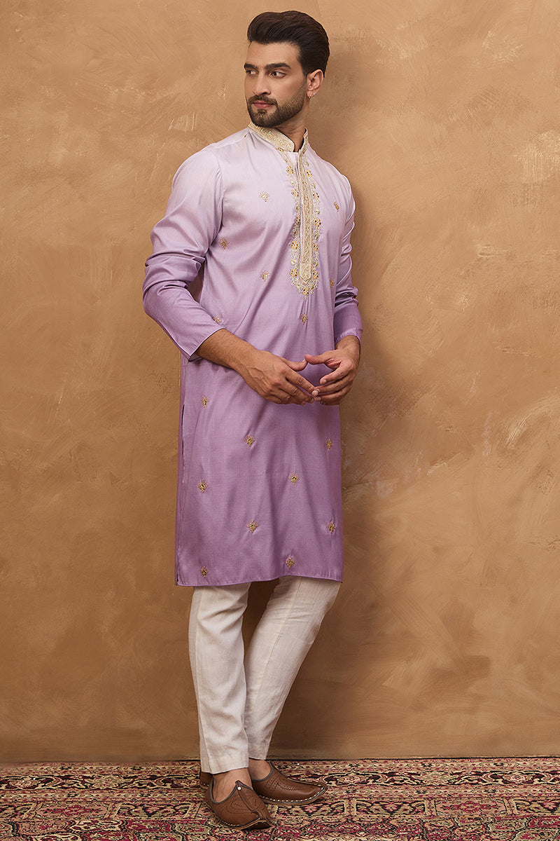 Purple Silk Blend Solid Embroidered Straight Kurta