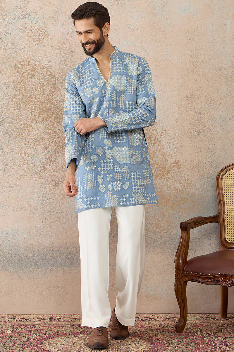 Mens Blue Silk Blend Solid Embroidered Kurta With Trouser