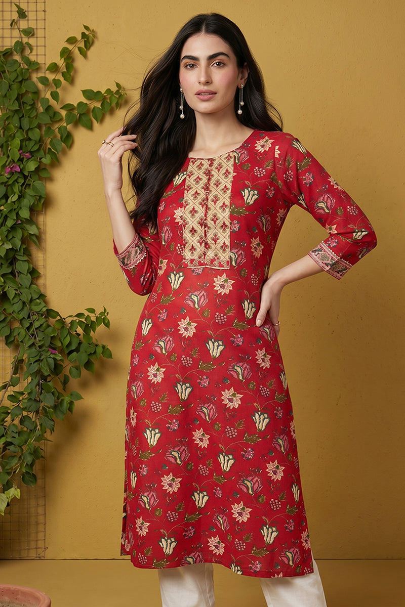 rayon red floral digital printed regular kurta vck9821