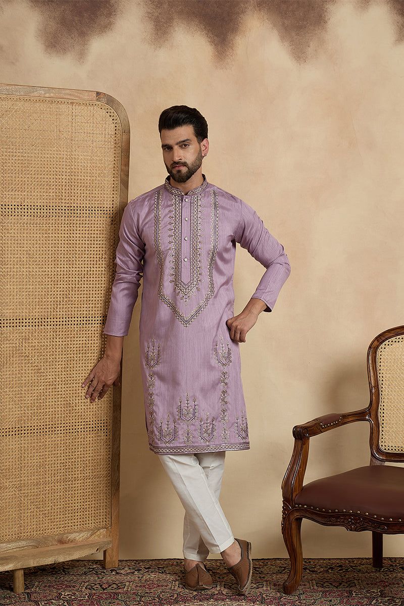 Mens Lavender Silk Blend Solid Embroidered Straight Kurta