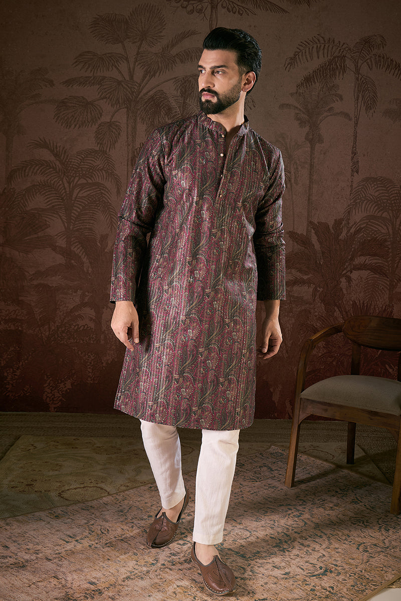 Purple Silk Blend Ethnic Motifs Printed Straight Kurta