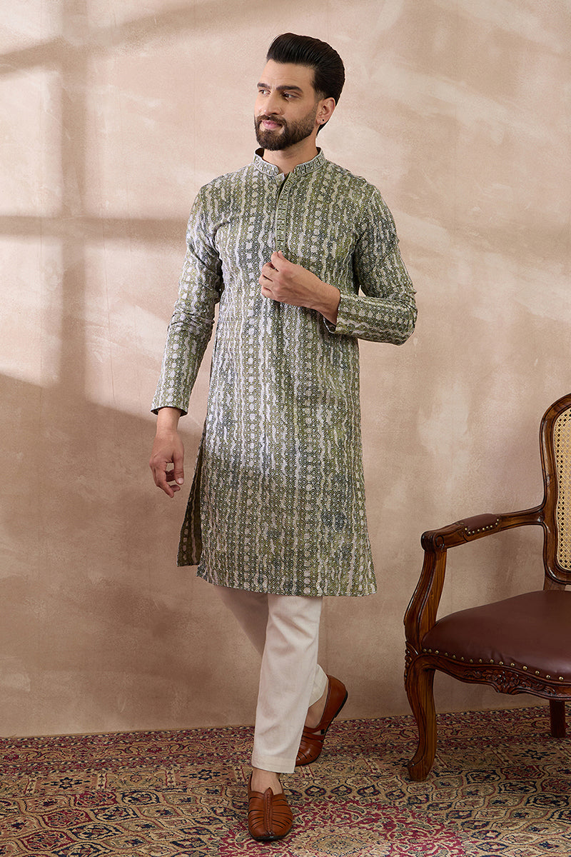 Green Silk Blend Printed Mandarin Collar Straight Kurta