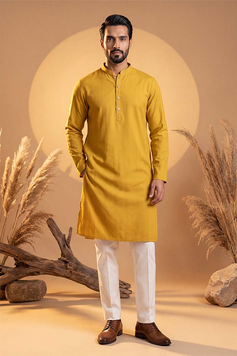 Mens Yellow Silk Blend Solid Solid Kurta With Trousers
