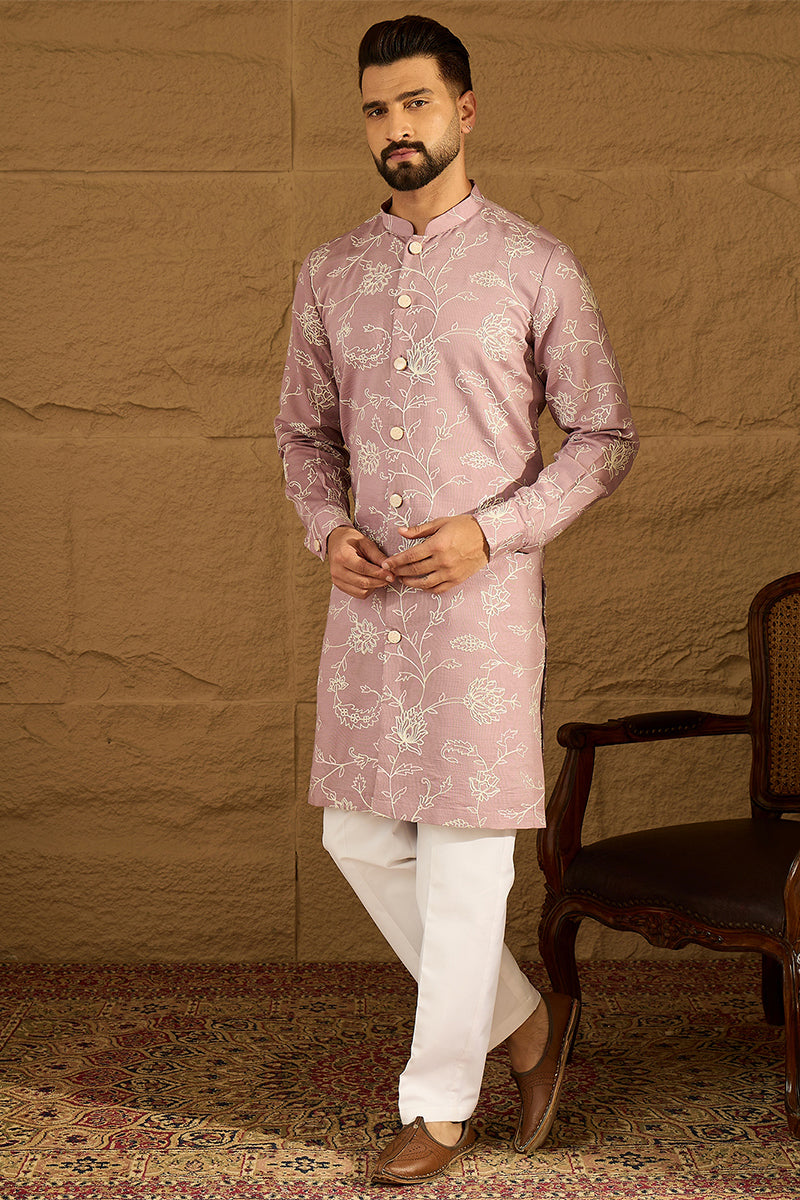 Lavender Viscose Rayon Solid Embroidered Straight Kurta with Trouser MKSET1704