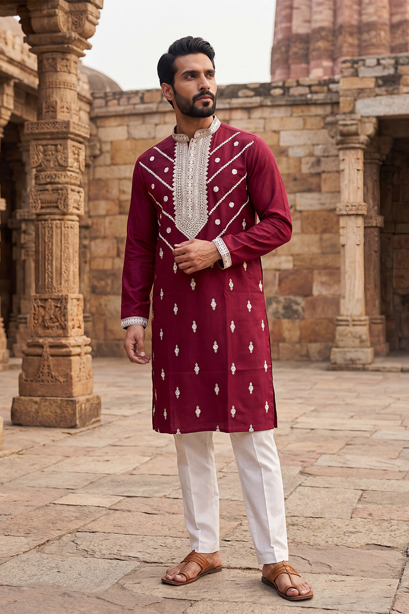 Maroon Silk Blend Embroidered Straight Kurta