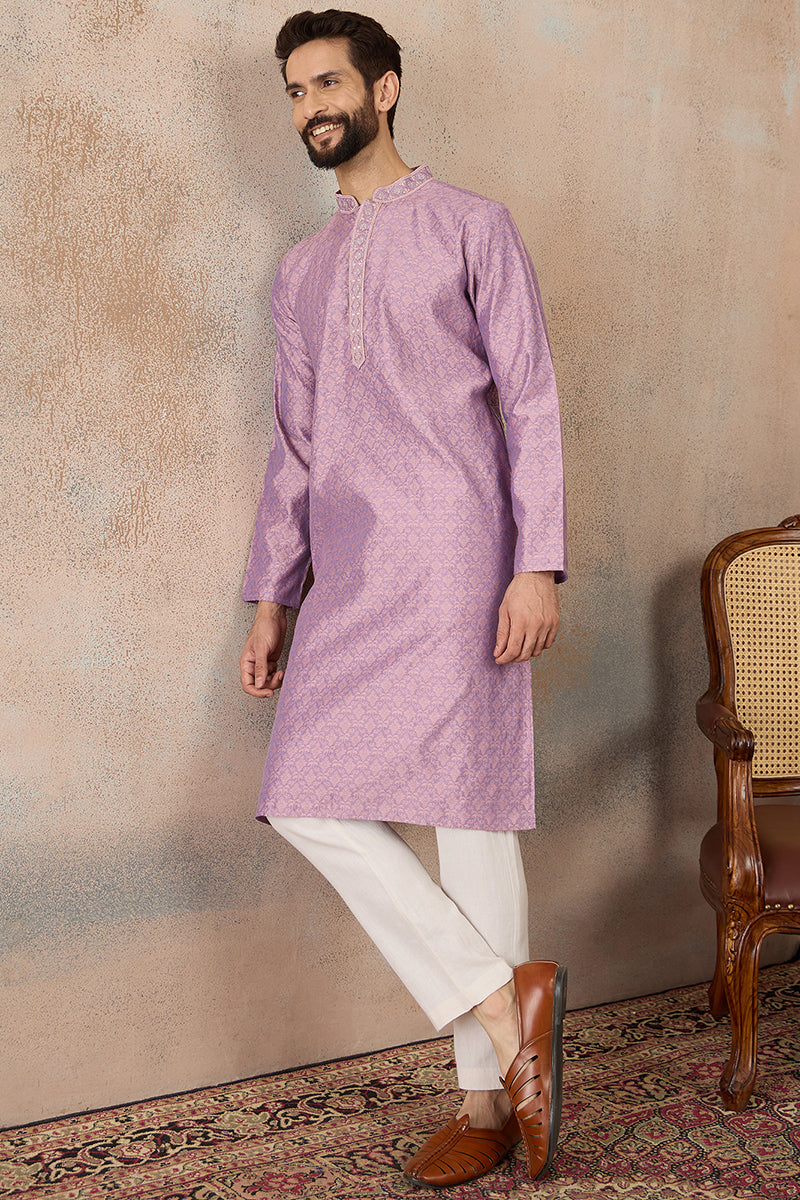 Mens Lavender Jacquard Solid Embroidered Kurta