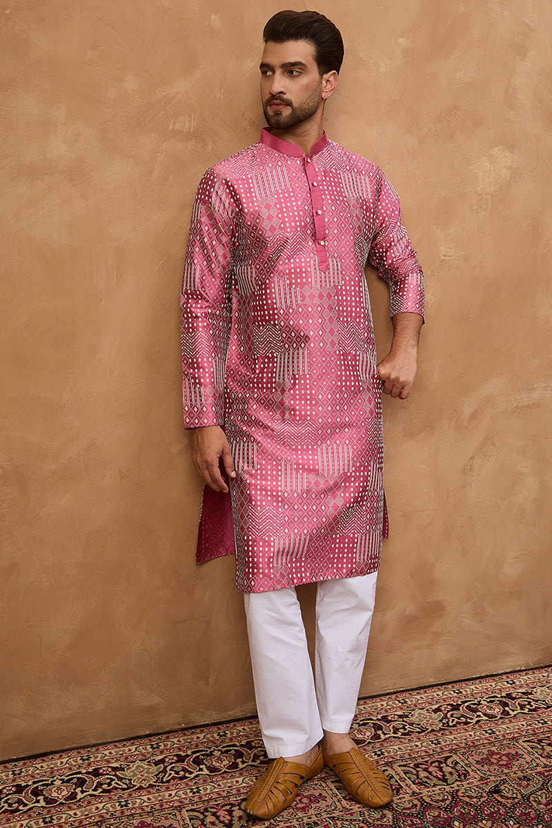 Pink Silk Blend Geometric Printed Straight Kurta