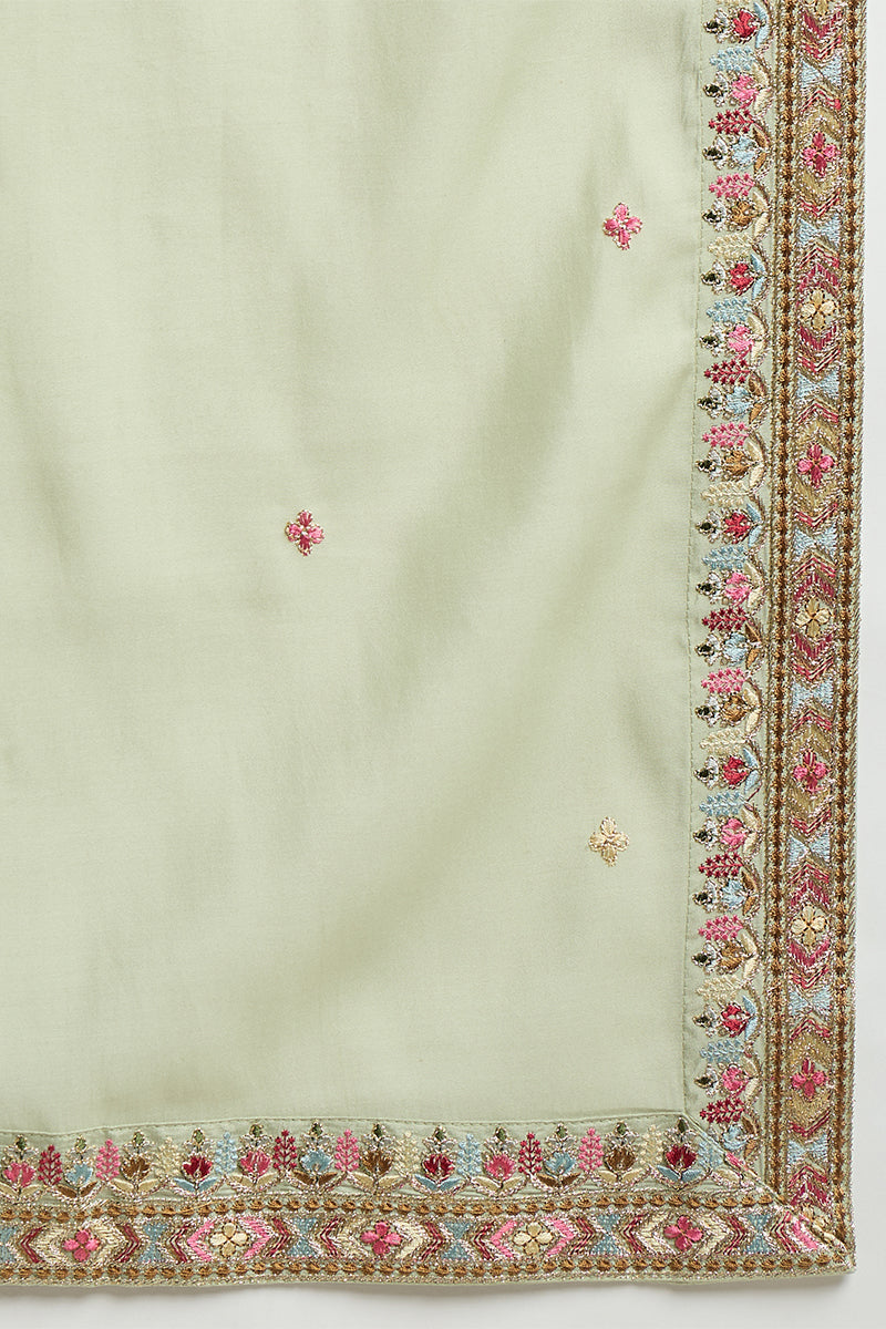 Mens Green Silk Blend Solid Embroidered Sequins Kurta & Trouser With Dupatta
