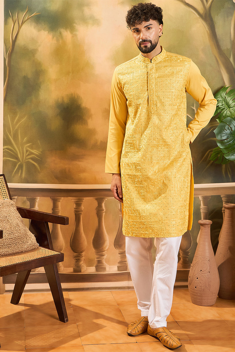 yellow silk blend solid embroidered straight kurta