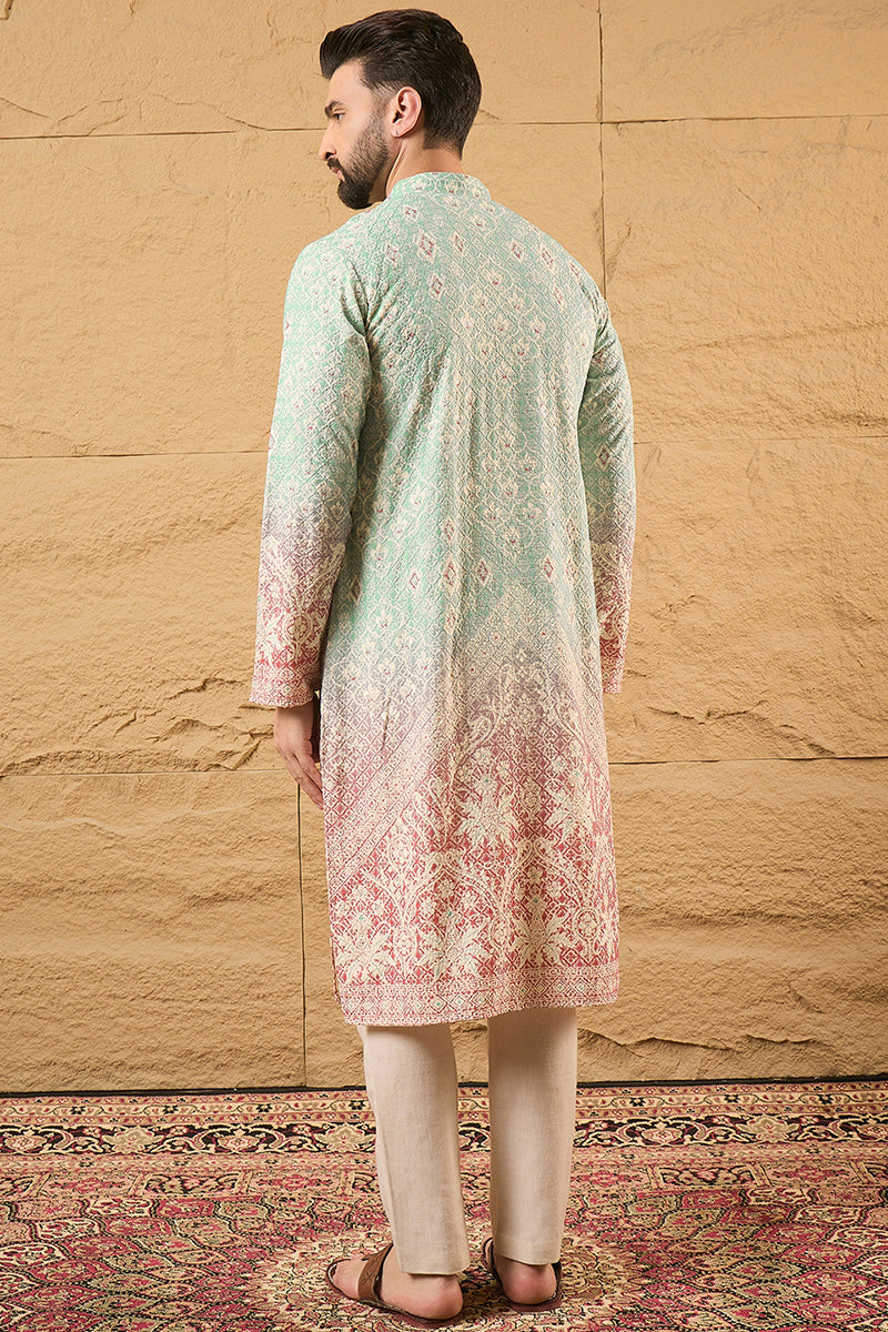 Teal Viscose Rayon Ethnic Motifs Embroidered Straight Kurta with Trouser