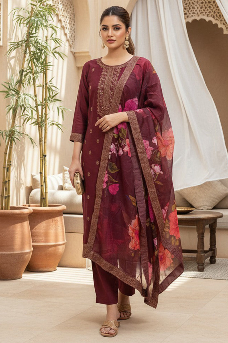 maroon silk blend ethnic motifs stoning straight kurta trouser with dupatta