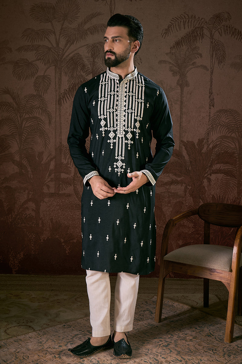 Black Silk Blend Solid Embroidered Straight Kurta