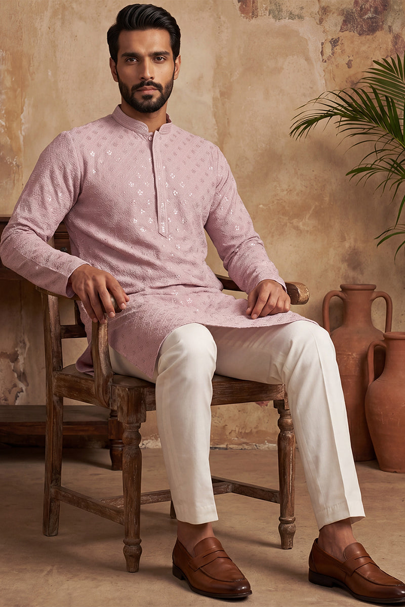 Purple Viscose Rayon Solid Embroidered Straight Kurta with Trouser