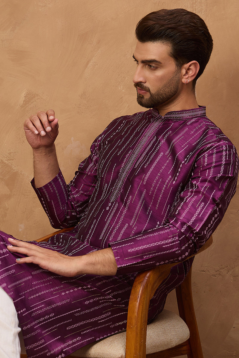 purple silk blend geometric printed straight kurta