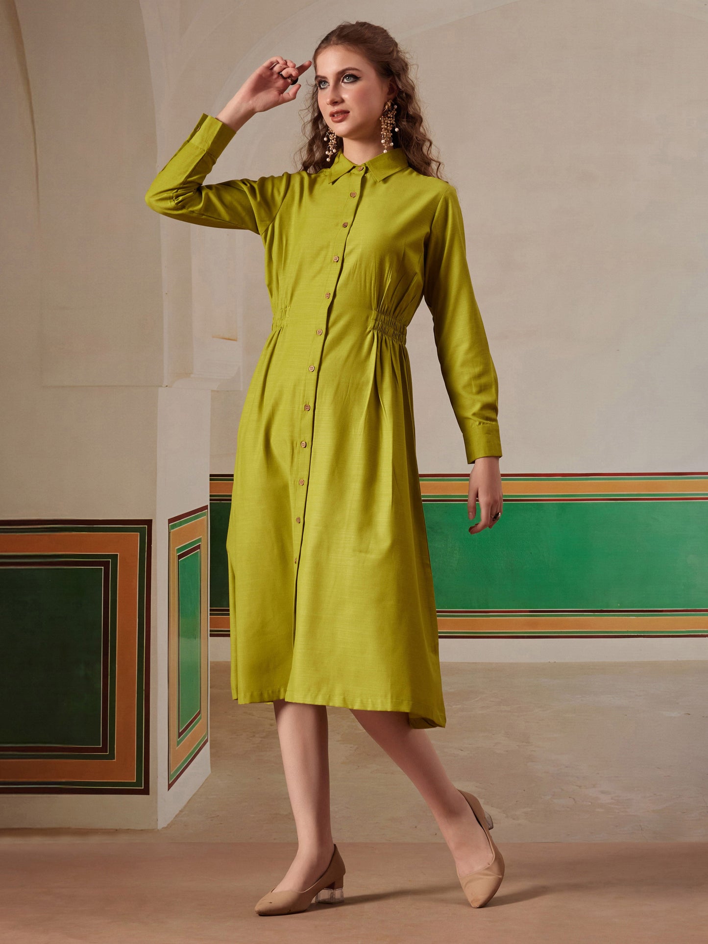 women shirt dress with figure enhancing waist