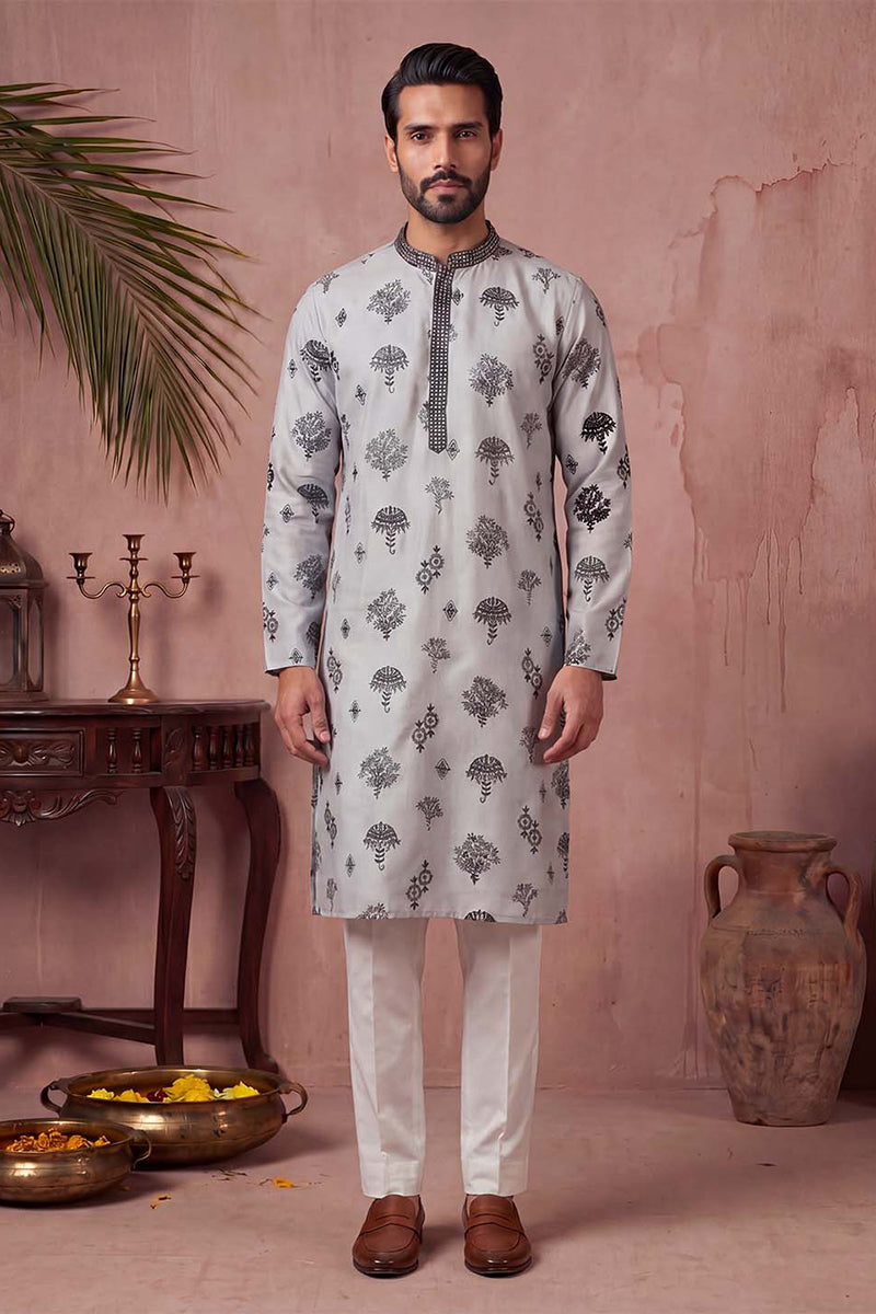 Mens Silk Blend Embroidered Solid Blue Kurta With Trousers