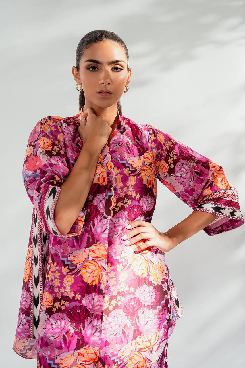 Women's Neck Embroidery Raw Silk Blend Co-Ords
