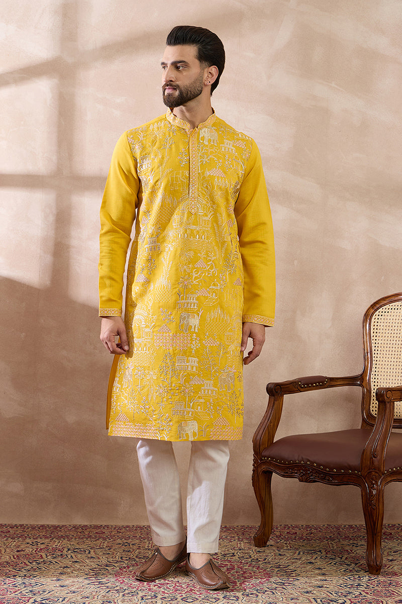Yellow Silk Blend Embroidered Mandarin Collar Straight Kurta