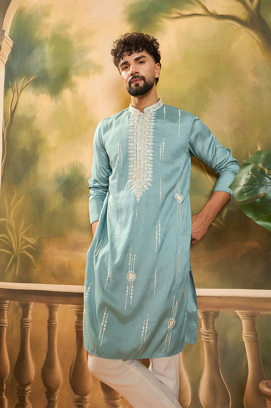 Blue Silk Blend Solid Embroidered Straight Kurta with Trouser MKSET1490