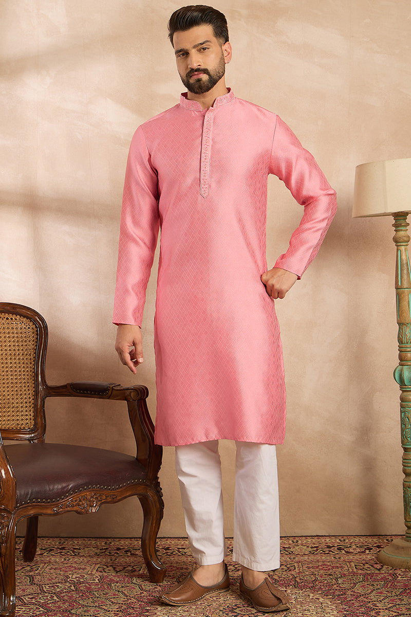 Pink Polyester Solid Embroidered Straight Kurta