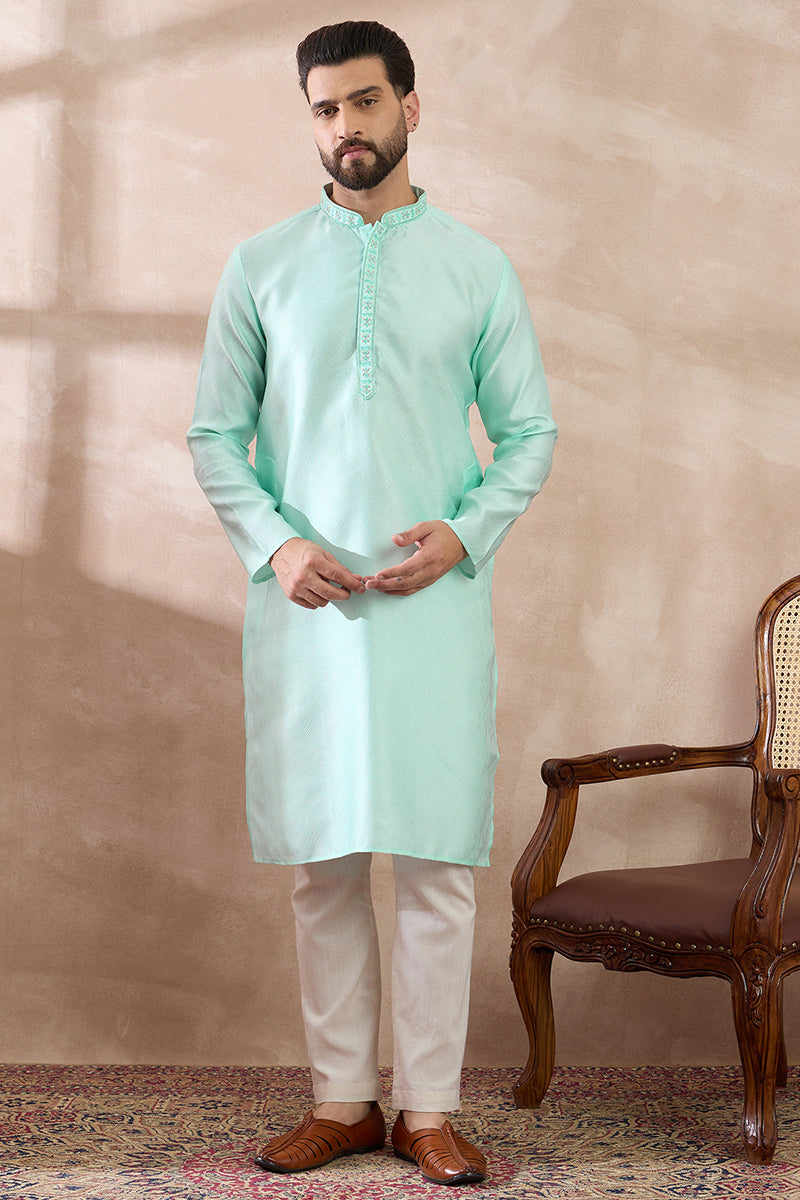 Teal Polyester Woven Design Mandarin Collar Straight Kurta