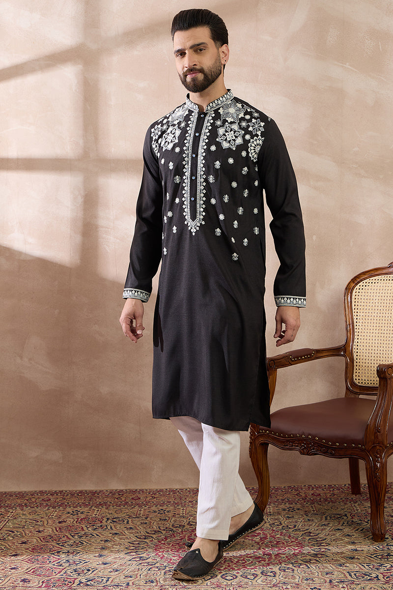 Black Silk Blend Embroidered Mandarin Collar Straight Kurta