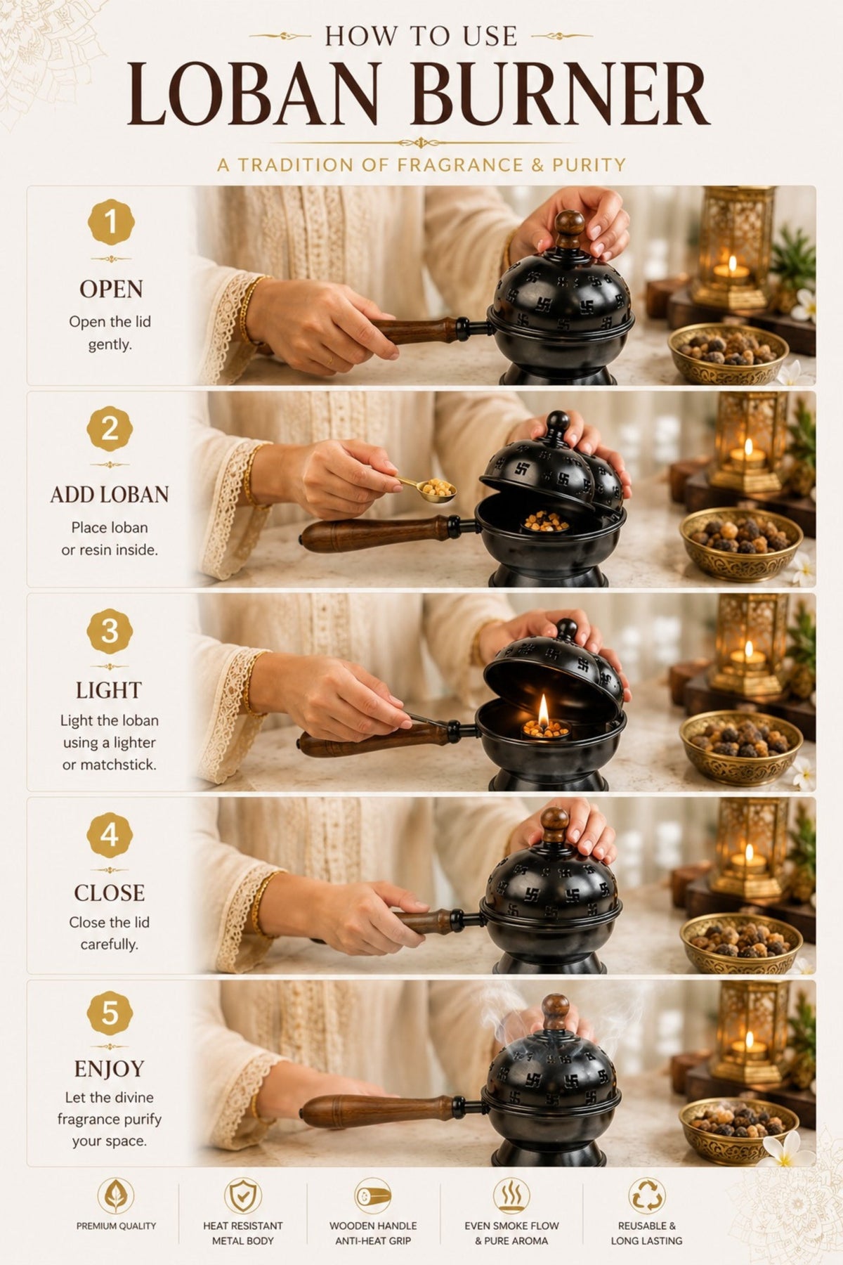 premium metal loban burner with wooden handle 3 free loban cups heat resistant incense burner for loban dhoop sambrani cups bakhoor camphor home temple meditation pooja decor
