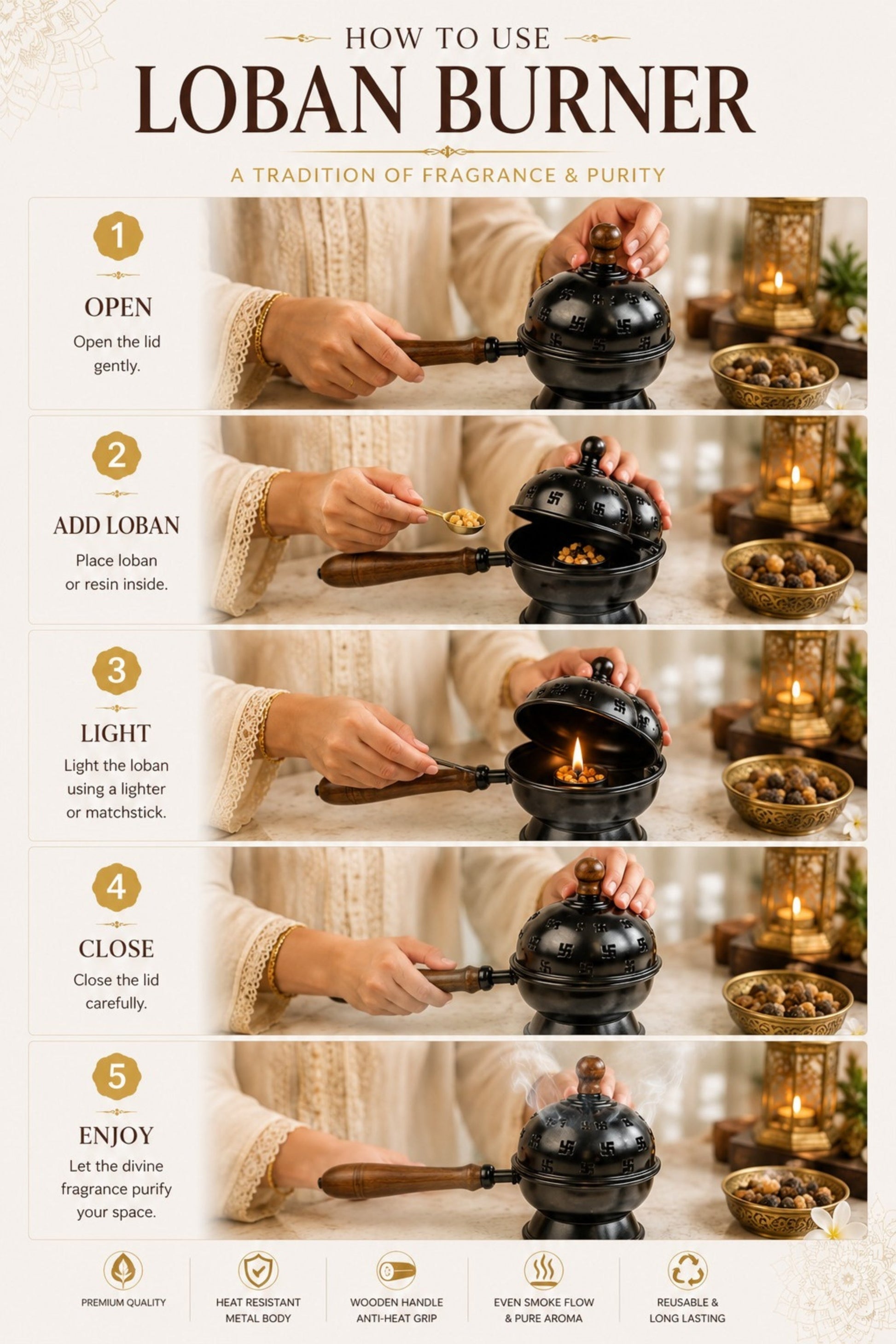 premium metal loban burner with wooden handle 3 free loban cups heat resistant incense burner for loban dhoop sambrani cups bakhoor camphor home temple meditation pooja decor