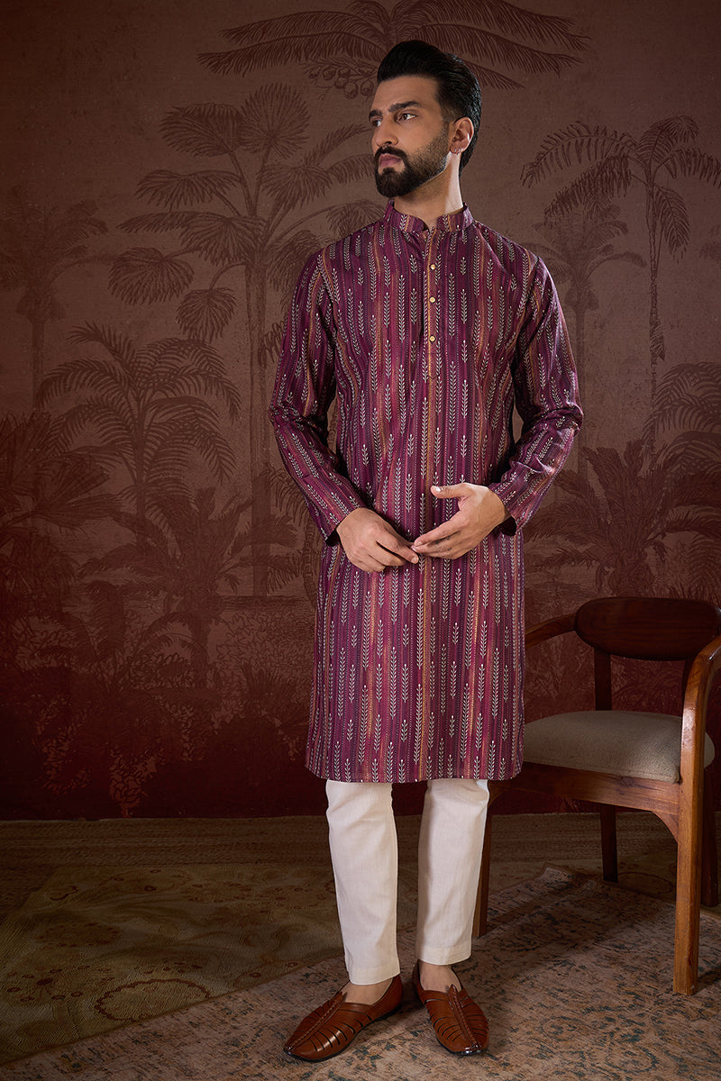 Purple Silk Blend Striped Printed Straight Kurta With Trouser