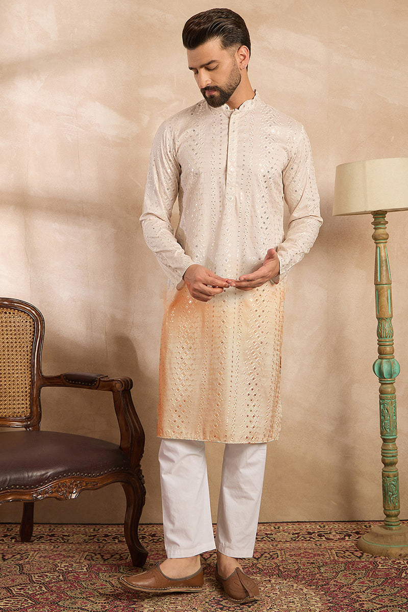 Peach Silk Blend Ombre Embroidered Straight Kurta Sets