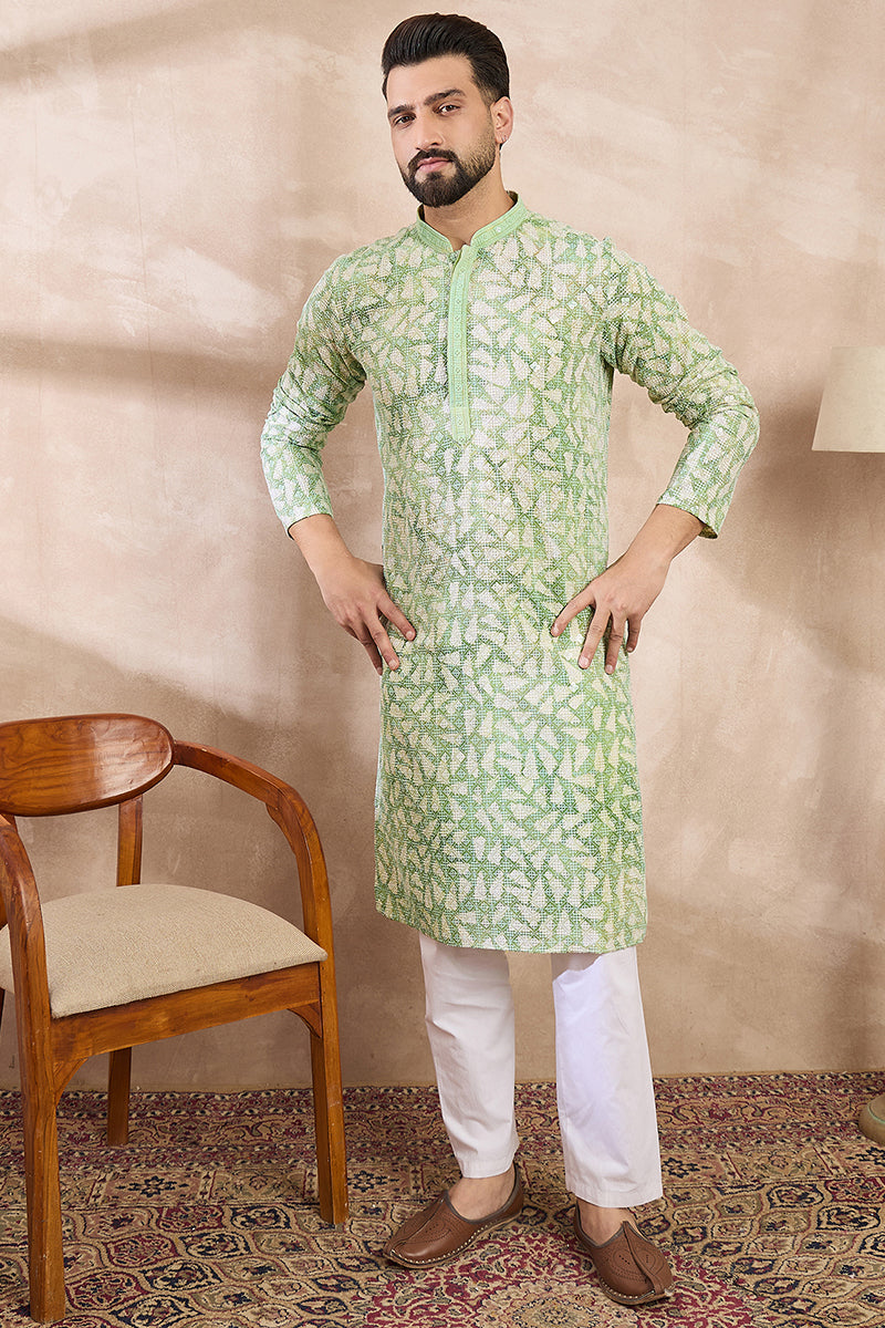 Green Viscose Rayon Ethnic Motifs Embroidered Straight Kurta With Trouser