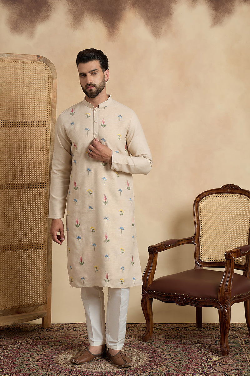 Mens Beige Linen Solid Embroidered Thread Work Kurta
