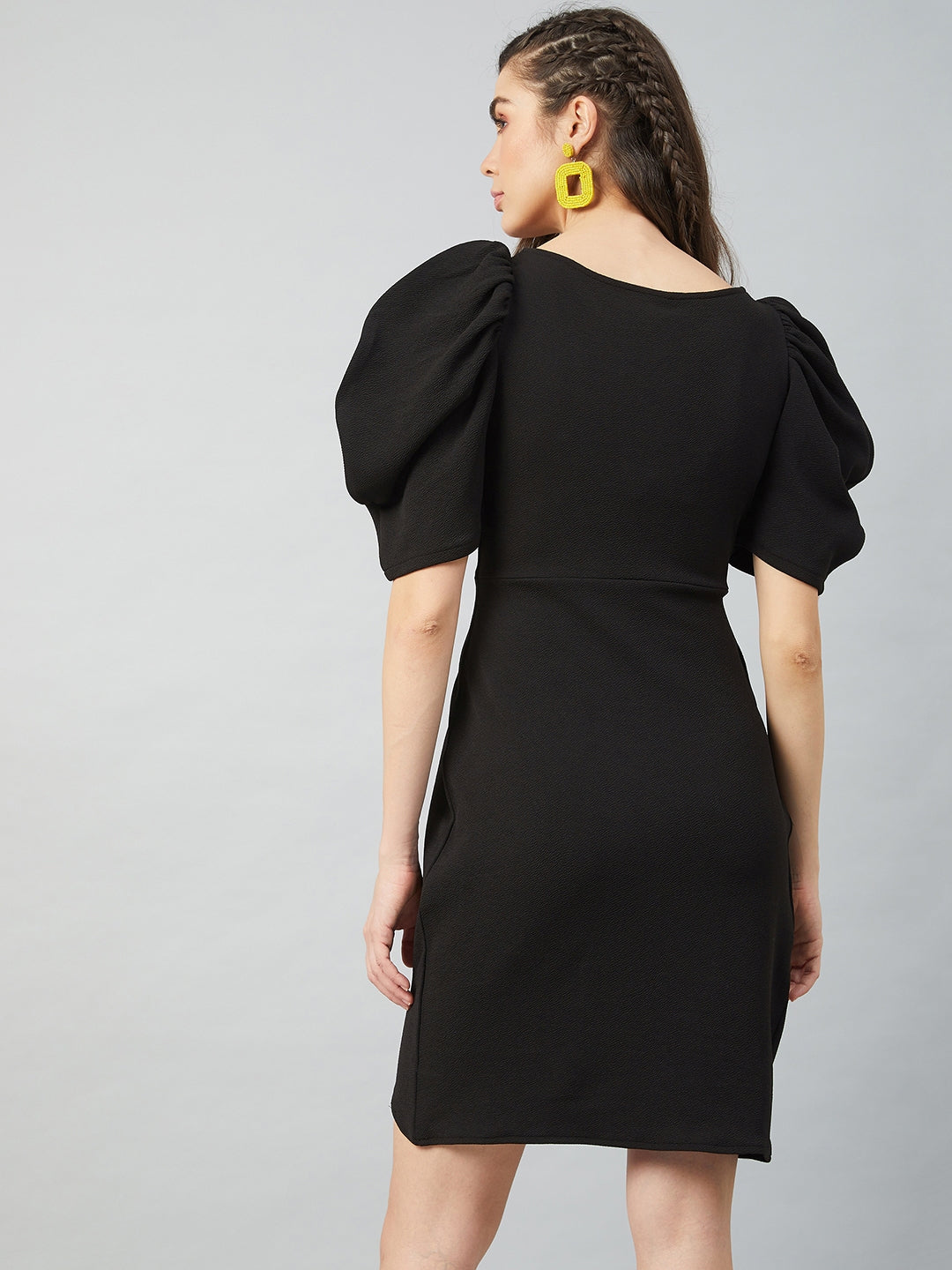 athena black tulip wrap dress with volume sleeves