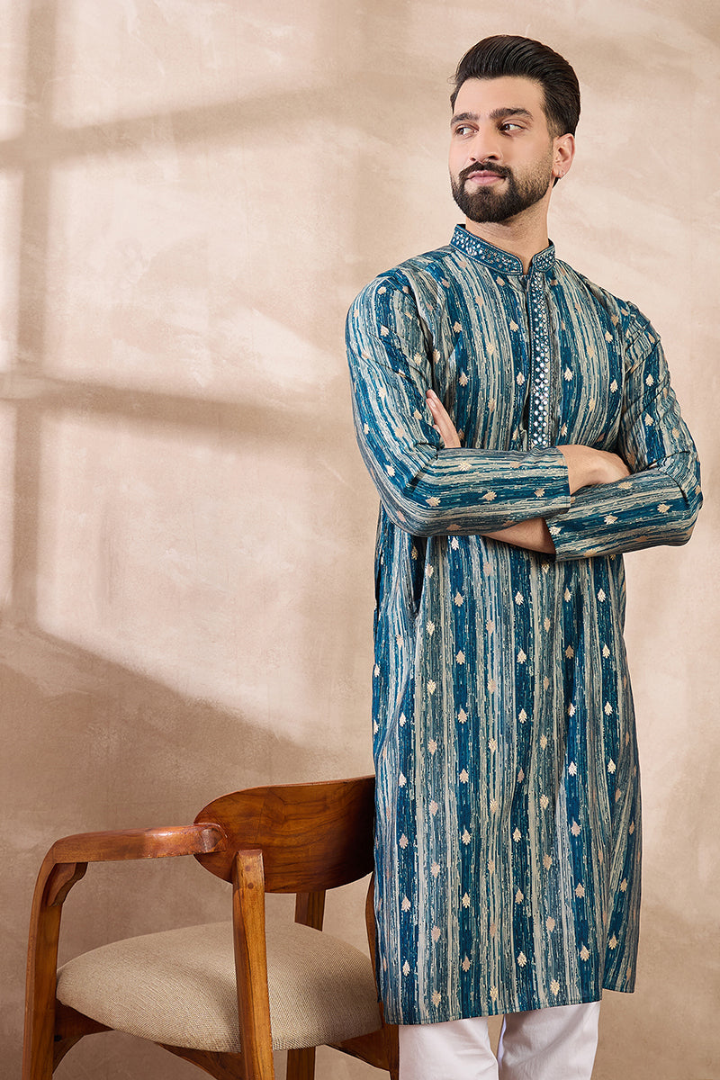 Turquoise Blue Silk Blend Abstract Printed Straight Kurta