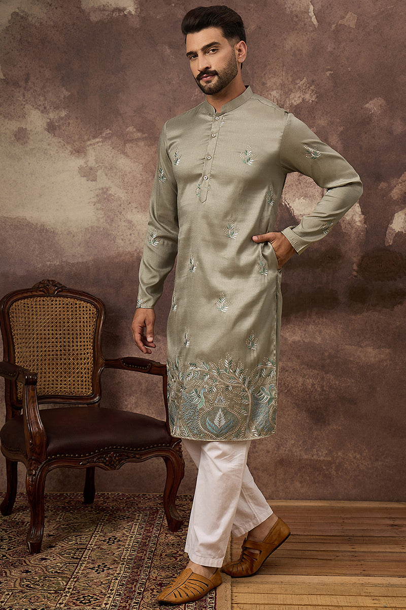 green silk blend solid embroidered straight kurta with trouser