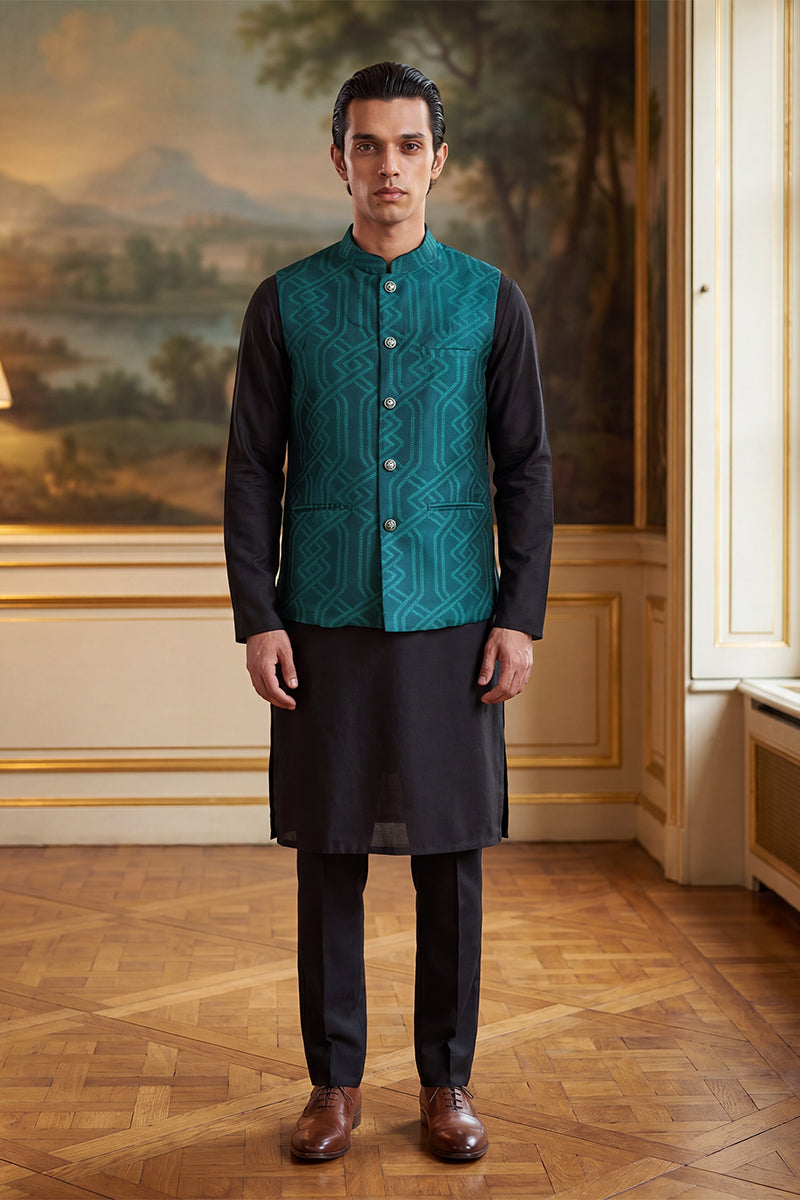 Mens Green Jacquard Woven Design Solid Koti