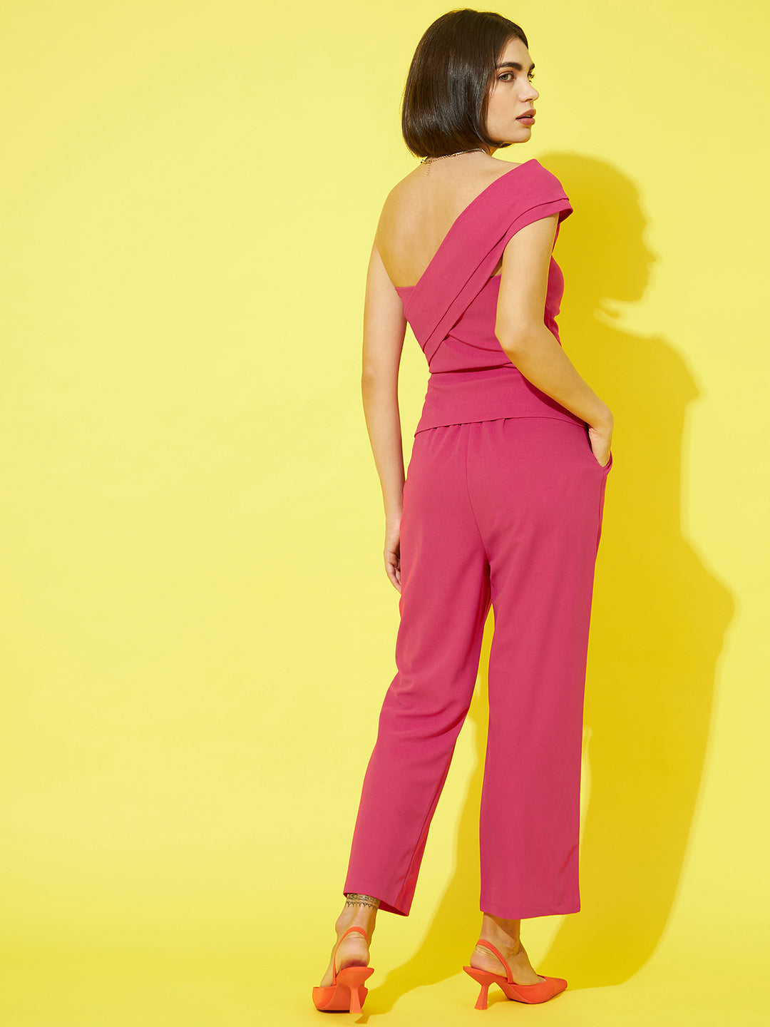 athena women fuchsia solid one shoulder top and trousers