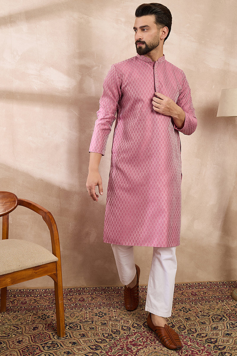 Pink Silk Blend Solid Woven Design Straight Kurta With Trouser MKSET1898