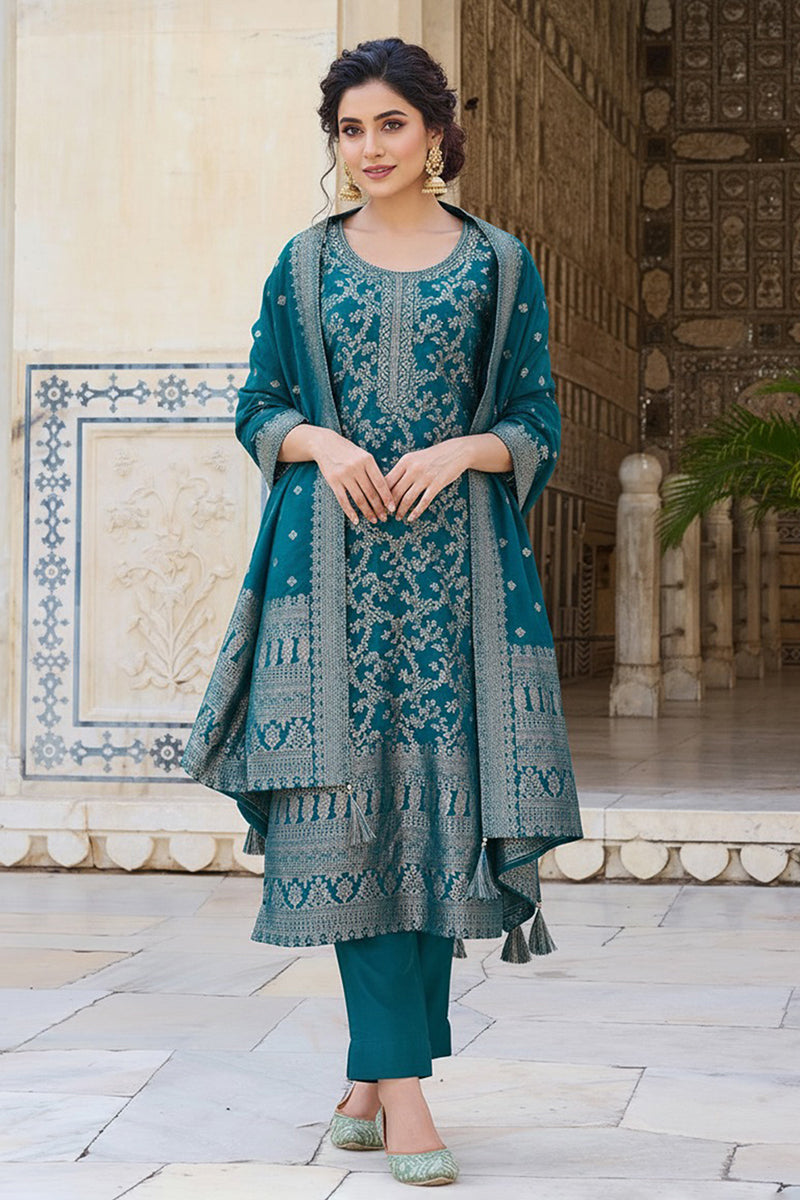 teal blue poly chanderi solid woven design straight trouser suit set