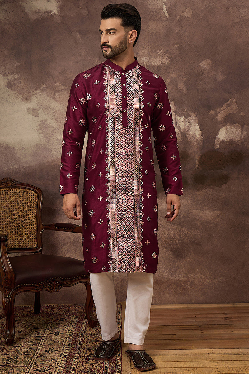 Maroon Silk Blend Solid Embroidered Straight Kurta