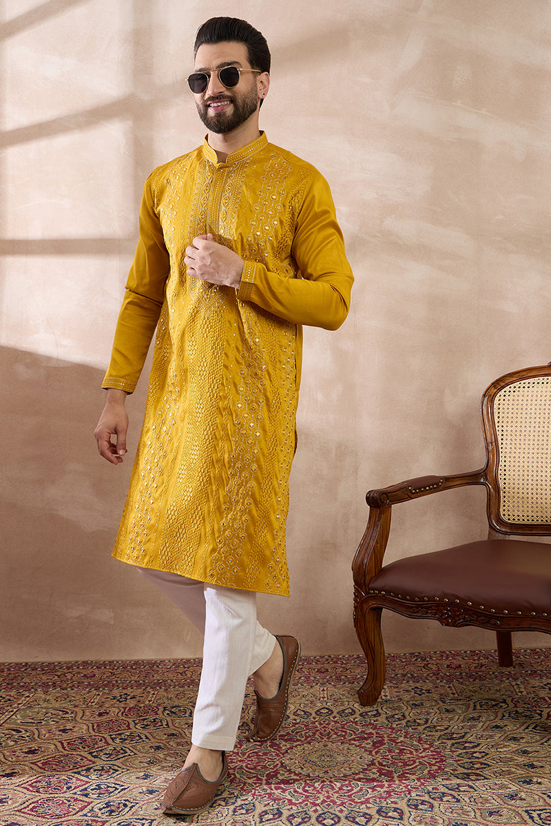 Mustard Silk Blend Embroidered Mandarin Collar Straight Kurta With Trouser