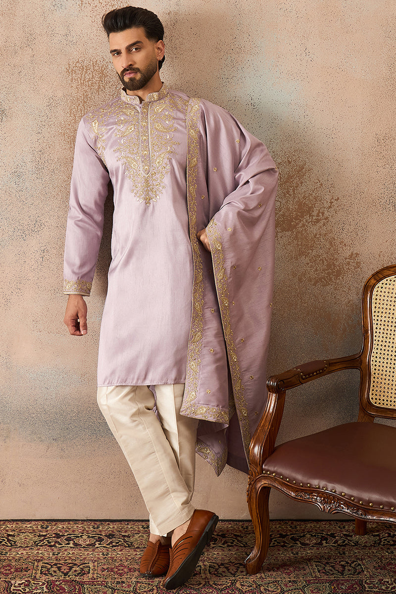Men Lavender Zari Embroidered Silk Blend Kurta with Dupatta