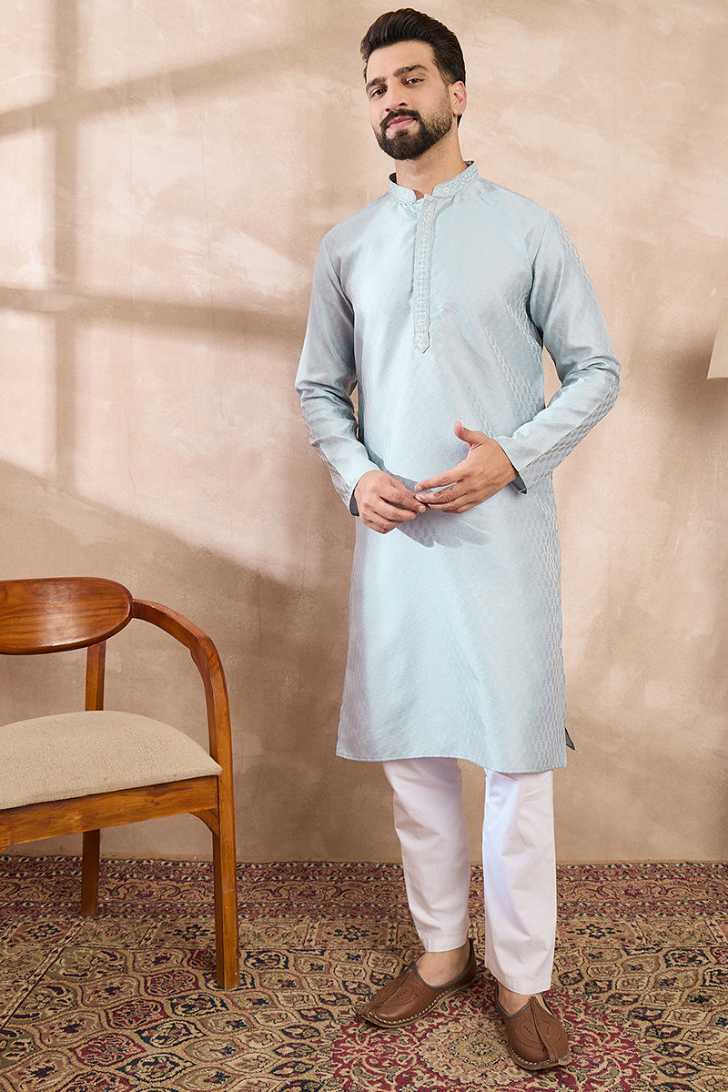 Blue Silk Blend Solid Woven Design Straight Kurta With Trouser