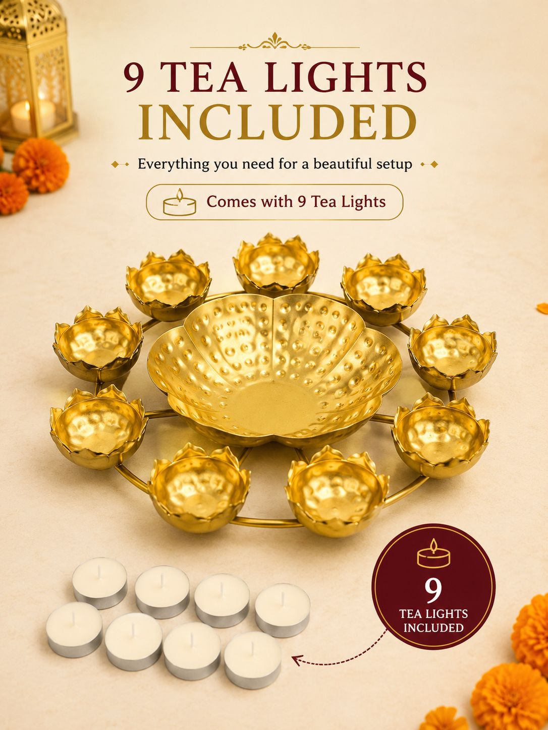 premium lotus urli bowl with 8 tea light holders hammered metal decorative floating flower bowl gold finish centerpiece for diwali pooja weddings festivals home decor gifting