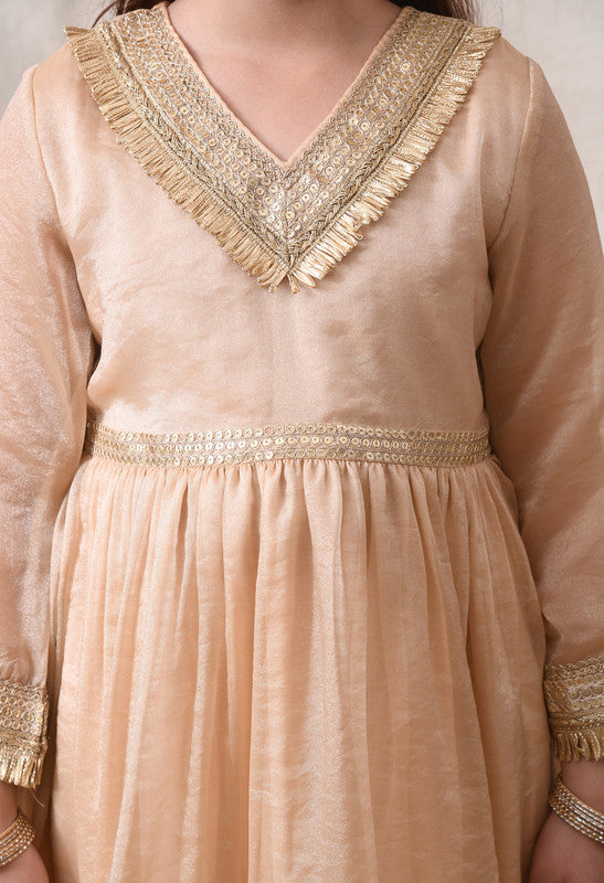 Indi Loom Couture Girls Beige Embellished Kurta with Sharara & Dupatta Set ILKSD71