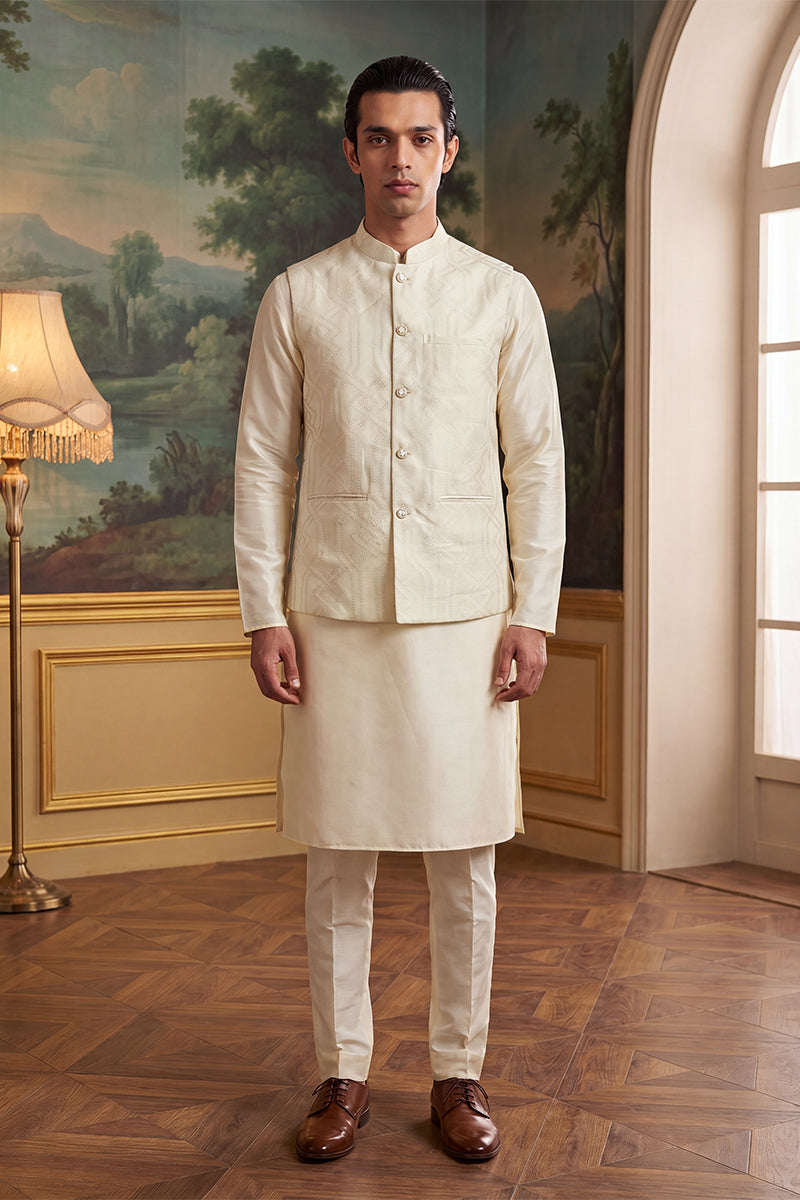 Mens Off White Jacquard Woven Design Solid Koti