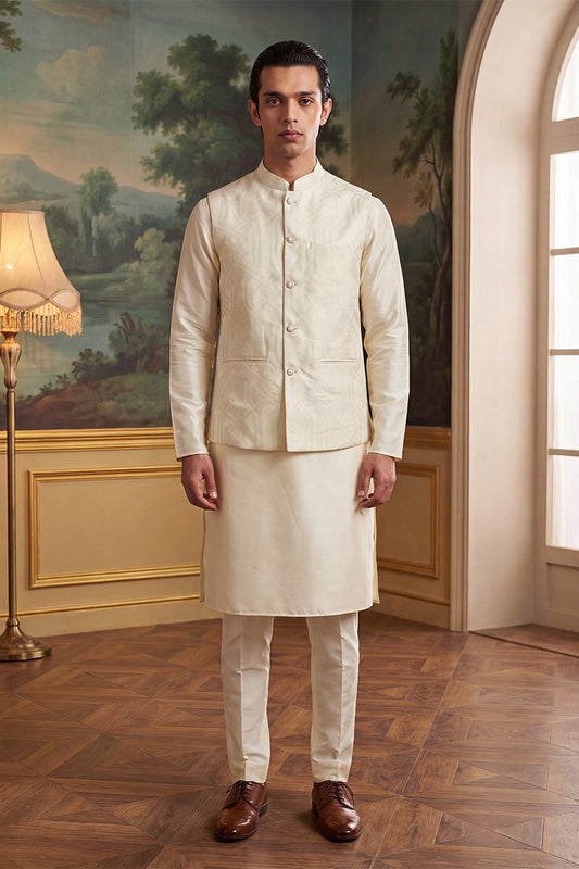 Mens Off White Jacquard Woven Design Solid Koti