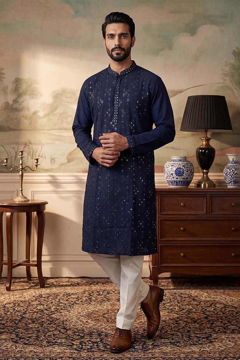 Mens Blue Silk Blend Solid Embroidered Kurta With Trousers